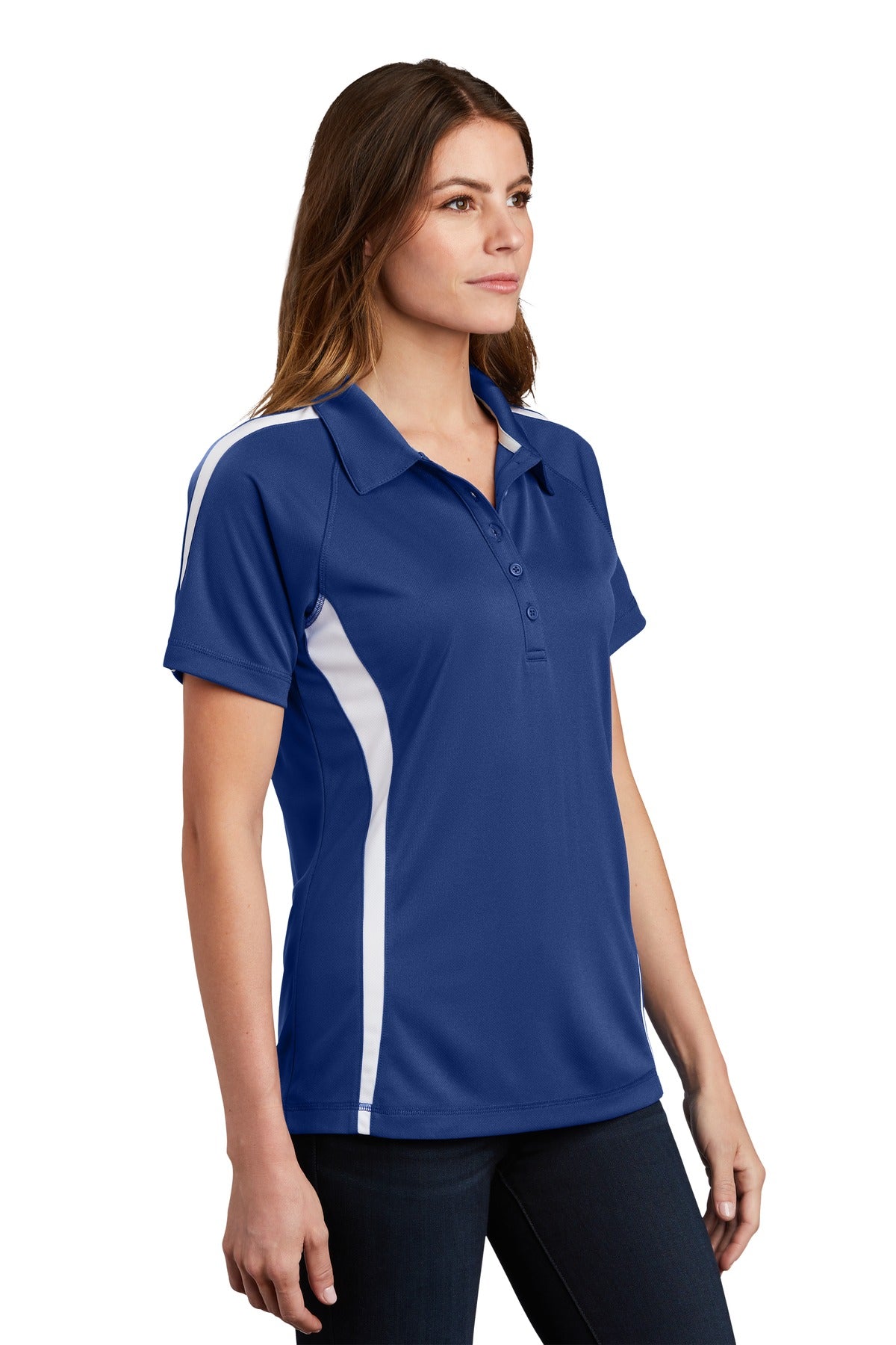Tr Royal/White Sport-Tek Women's PosiCharge Micro-Mesh Colorblock Polo. LST685