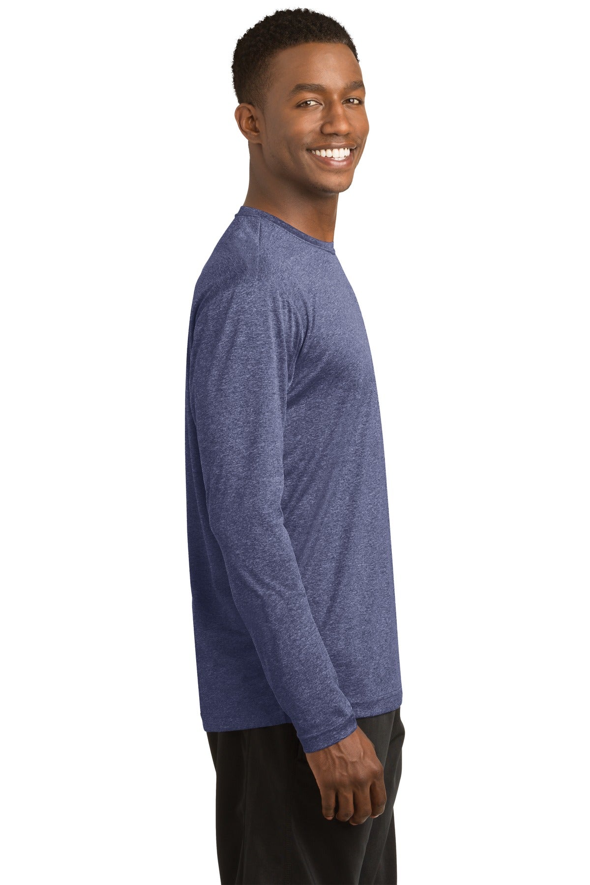 True Navy Hthr Sport-Tek Long Sleeve Heather Contender Tee. ST360LS