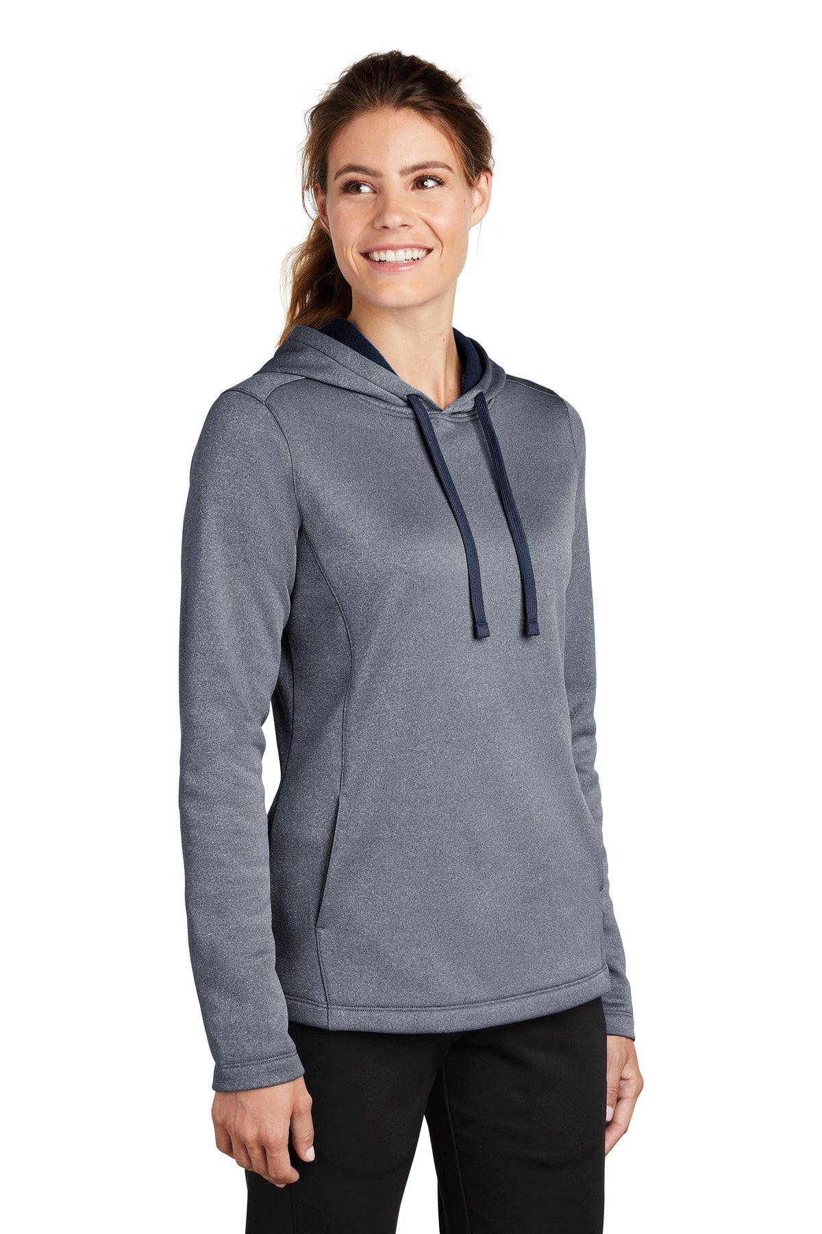 True Navy Hthr Sport-Tek Women's PosiCharge Sport-Wick Heather Fleece Hooded Pullover. LST264