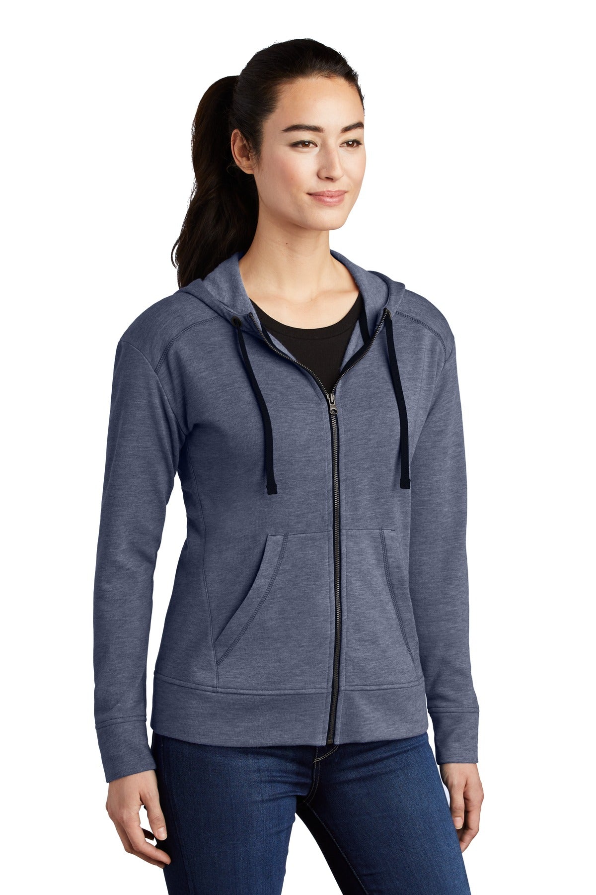 True Navy Hthr Sport-Tek Women's PosiCharge Tri-Blend Wicking Fleece Full-Zip Hooded Jacket LST293
