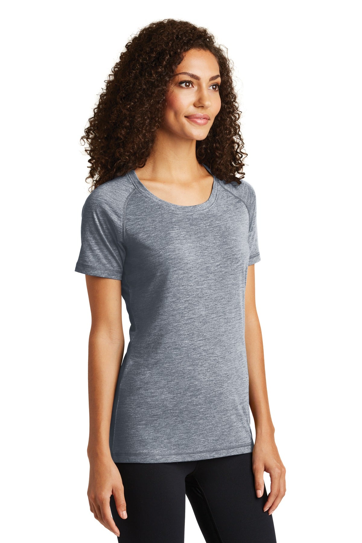 True Navy Hthr Sport-Tek Women's PosiCharge Tri-Blend Wicking Scoop Neck Raglan Tee. LST400
