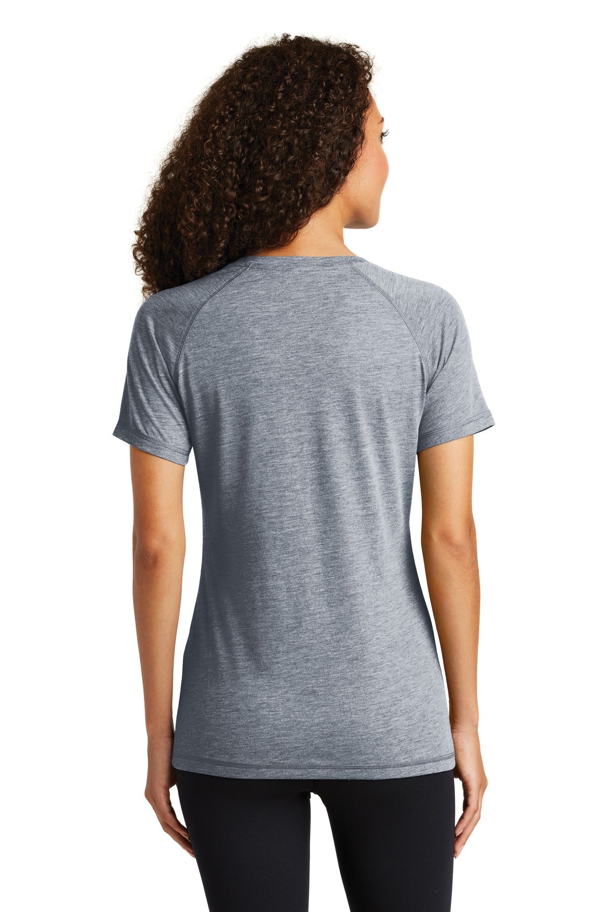 True Navy Hthr Sport-Tek Women's PosiCharge Tri-Blend Wicking Scoop Neck Raglan Tee. LST400