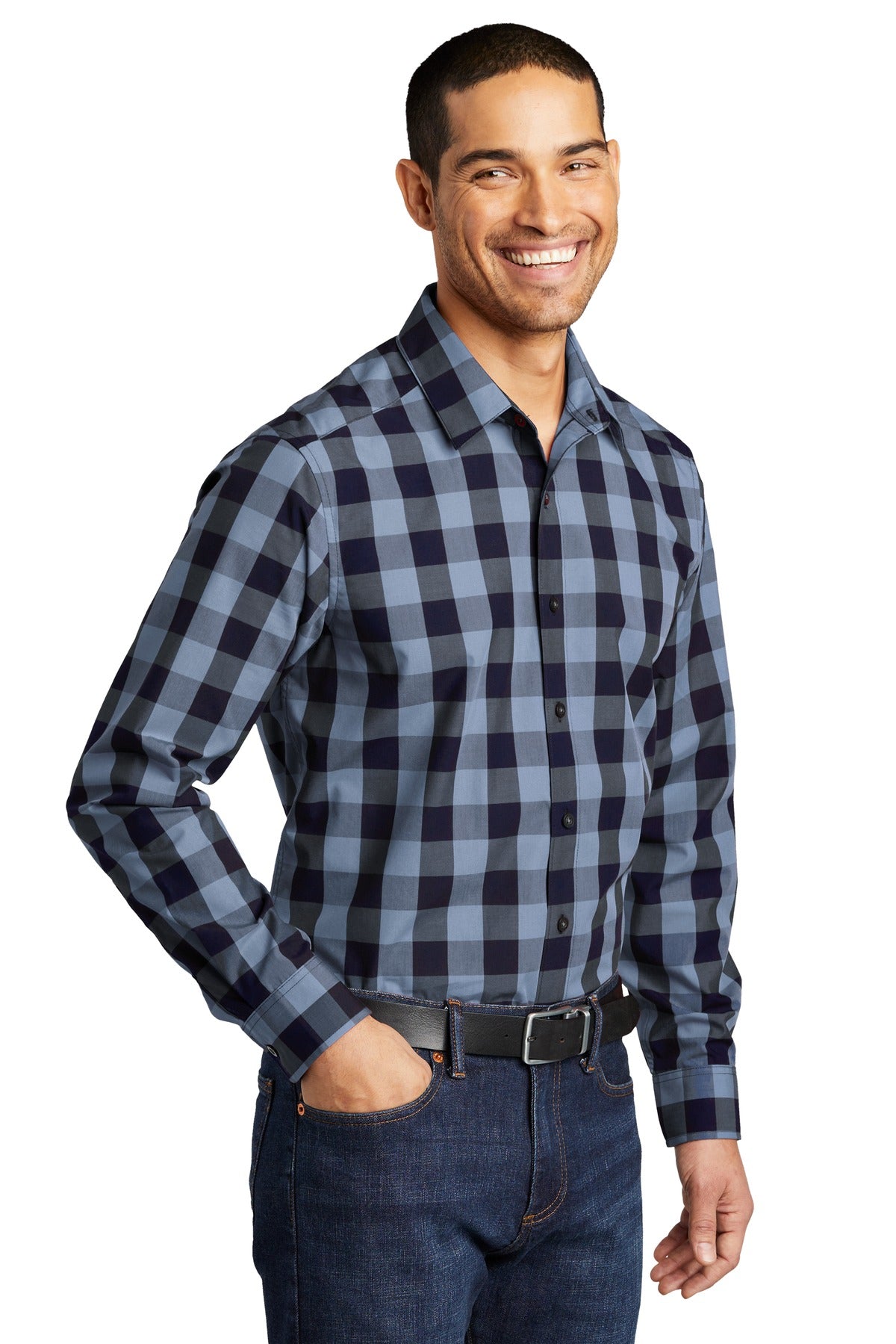 True Navy Port Authority Everyday Plaid Shirt. W670