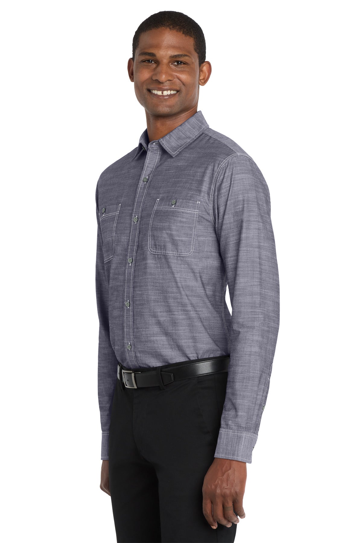 True Navy Port Authority Slub Chambray Shirt. W380