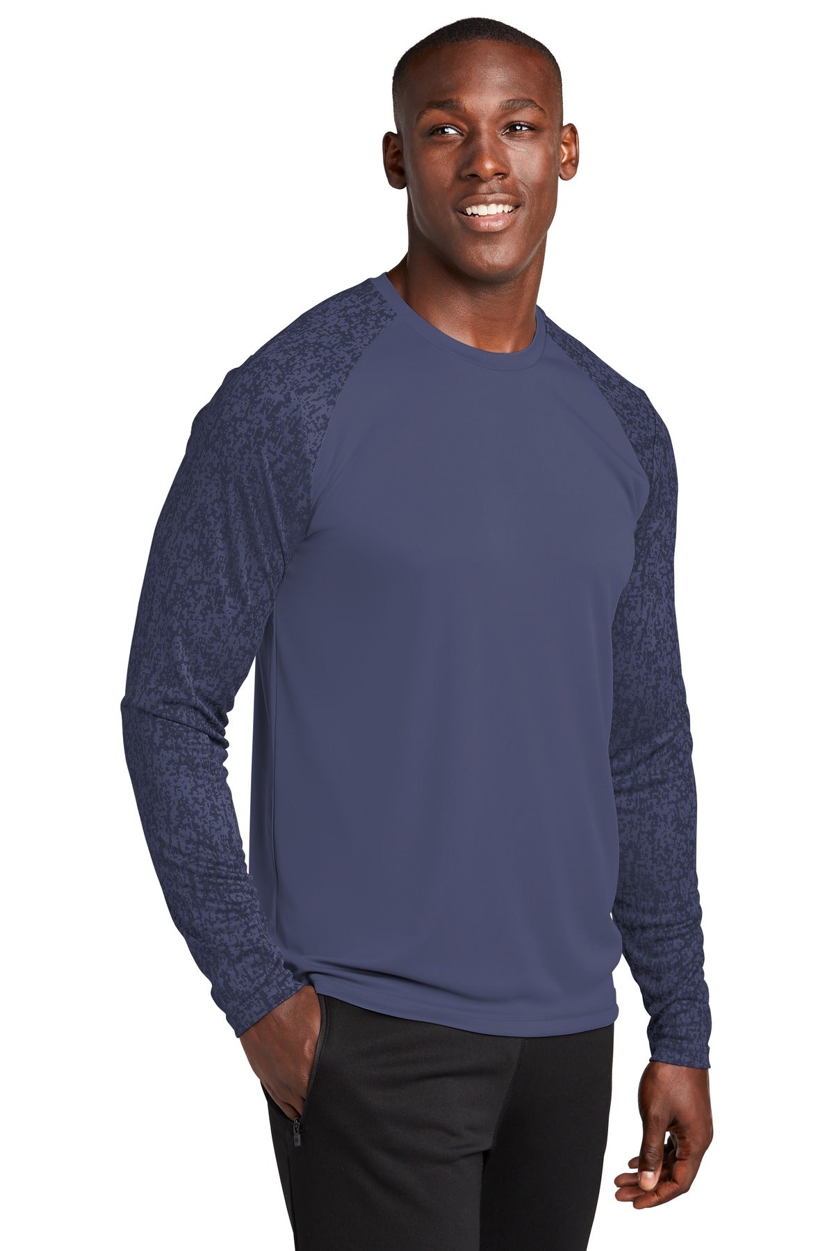 True Navy Sport-Tek Long Sleeve Digi Camo Tee. ST460LS