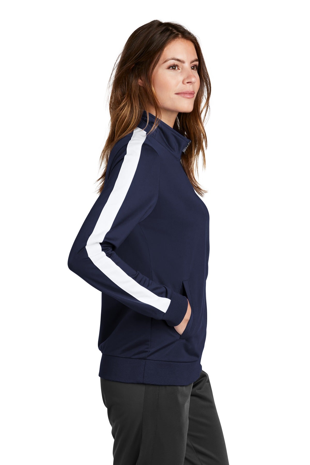 True Navy/Wht Sport-Tek Ladies Tricot Sleeve Stripe Track Jacket. LST94