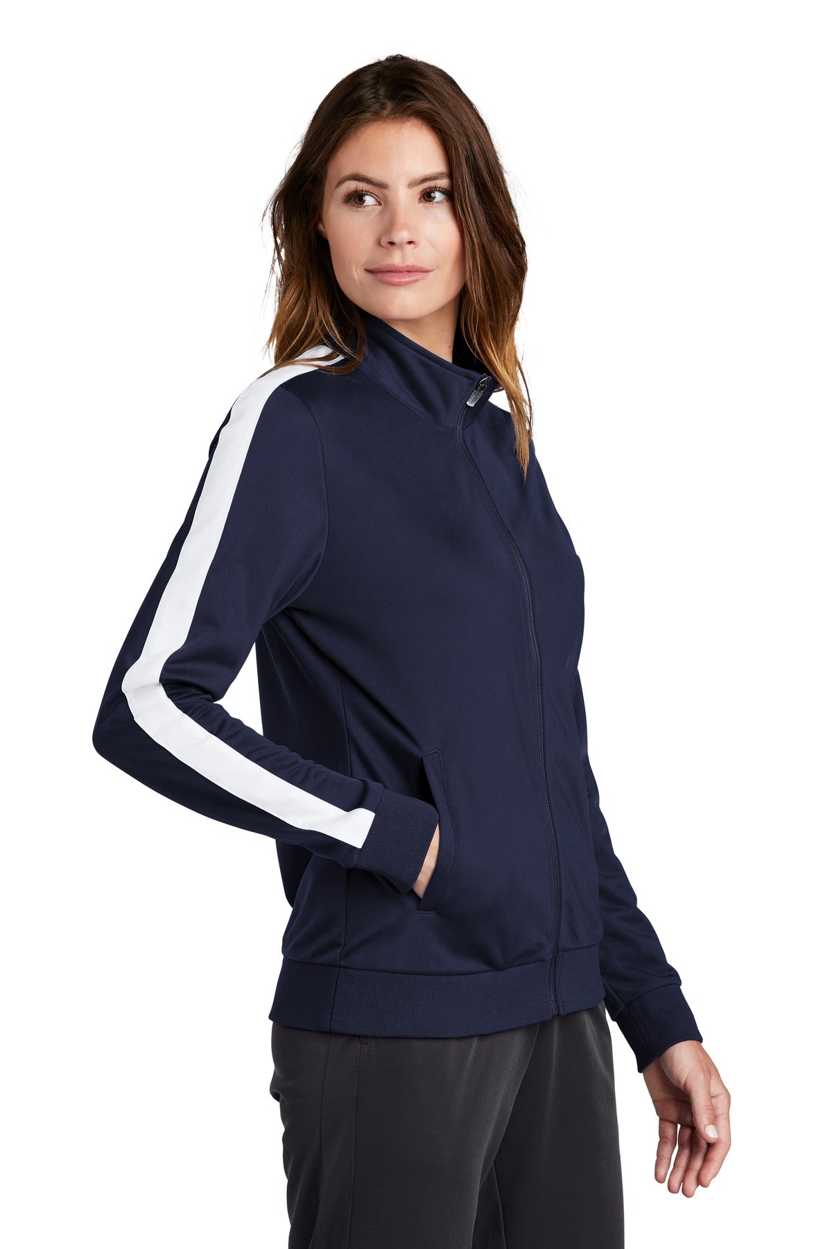 True Navy/Wht Sport-Tek Ladies Tricot Sleeve Stripe Track Jacket. LST94