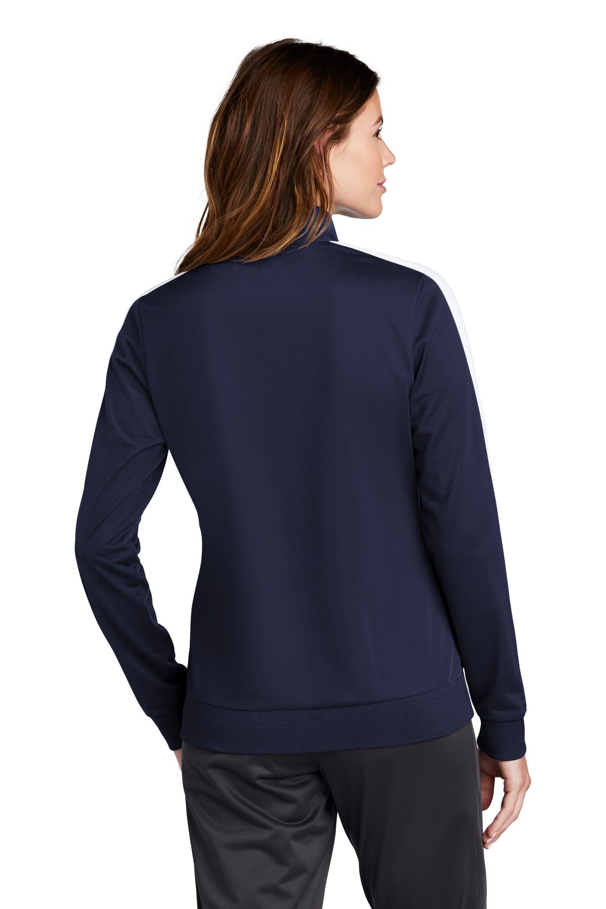 True Navy/Wht Sport-Tek Ladies Tricot Sleeve Stripe Track Jacket. LST94