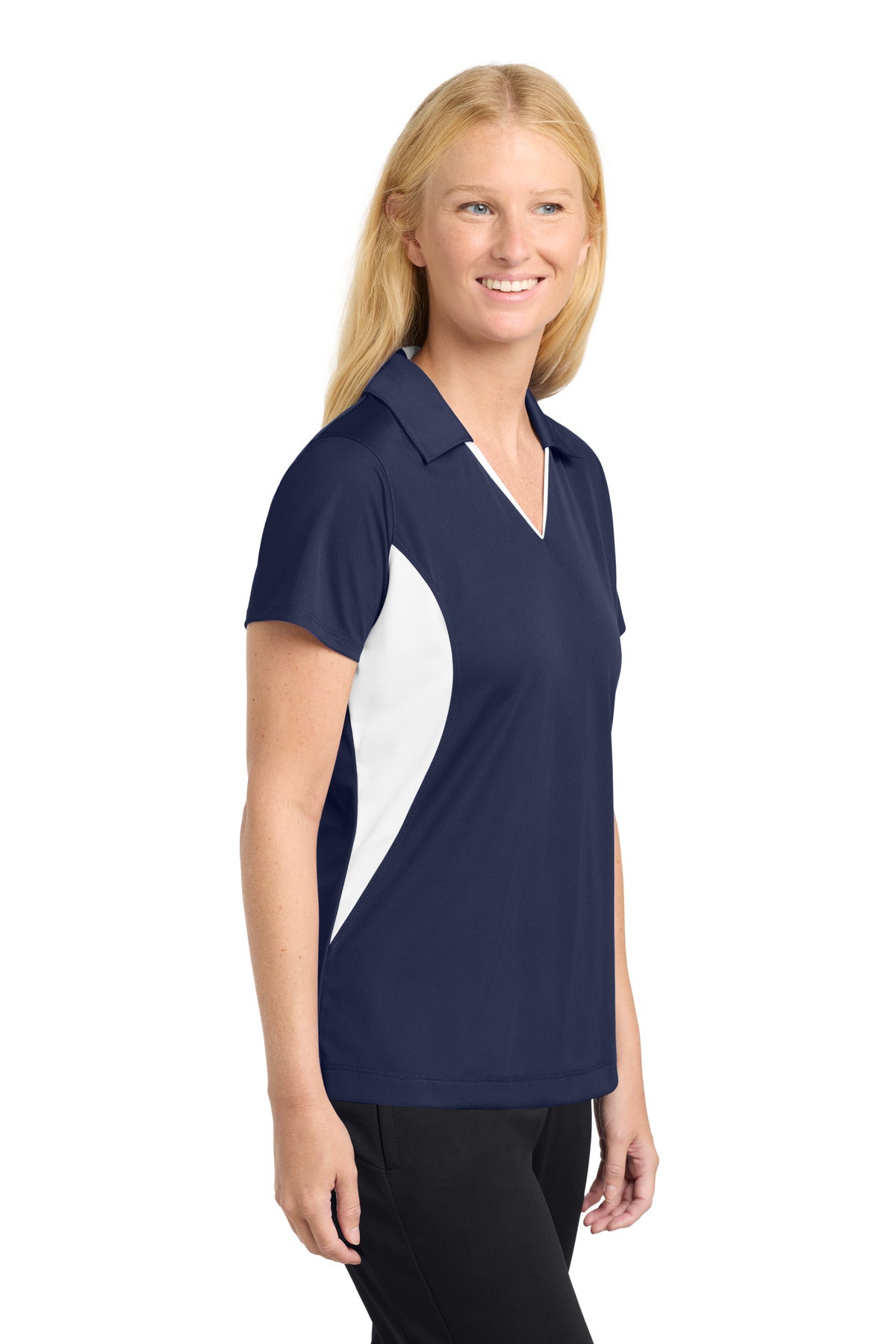 True Navy/Wht Sport-Tek Women's Side Blocked Micropique Sport-Wick Polo. LST655