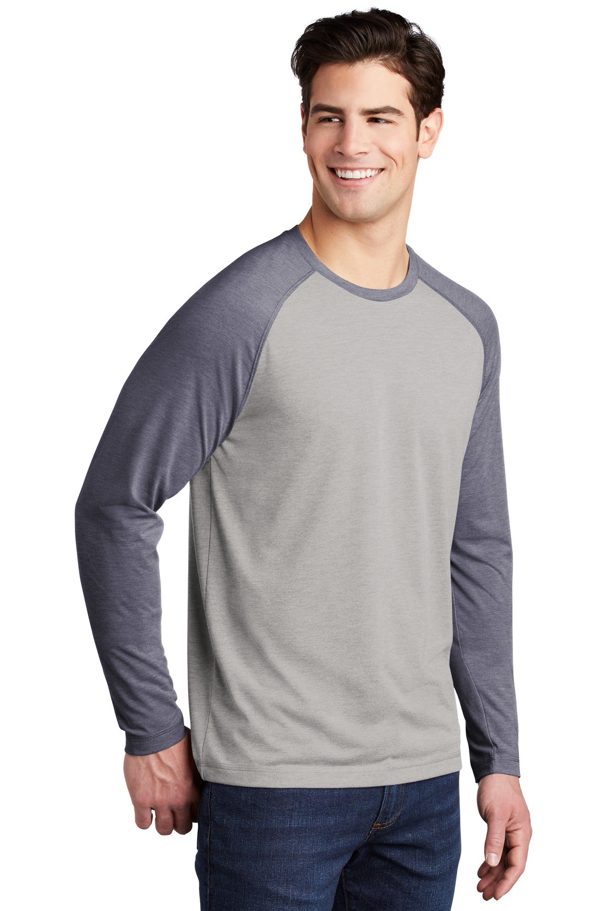 True Nvy H/LGH Sport-Tek PosiCharge Long Sleeve Tri-Blend Wicking Raglan Tee ST400LS
