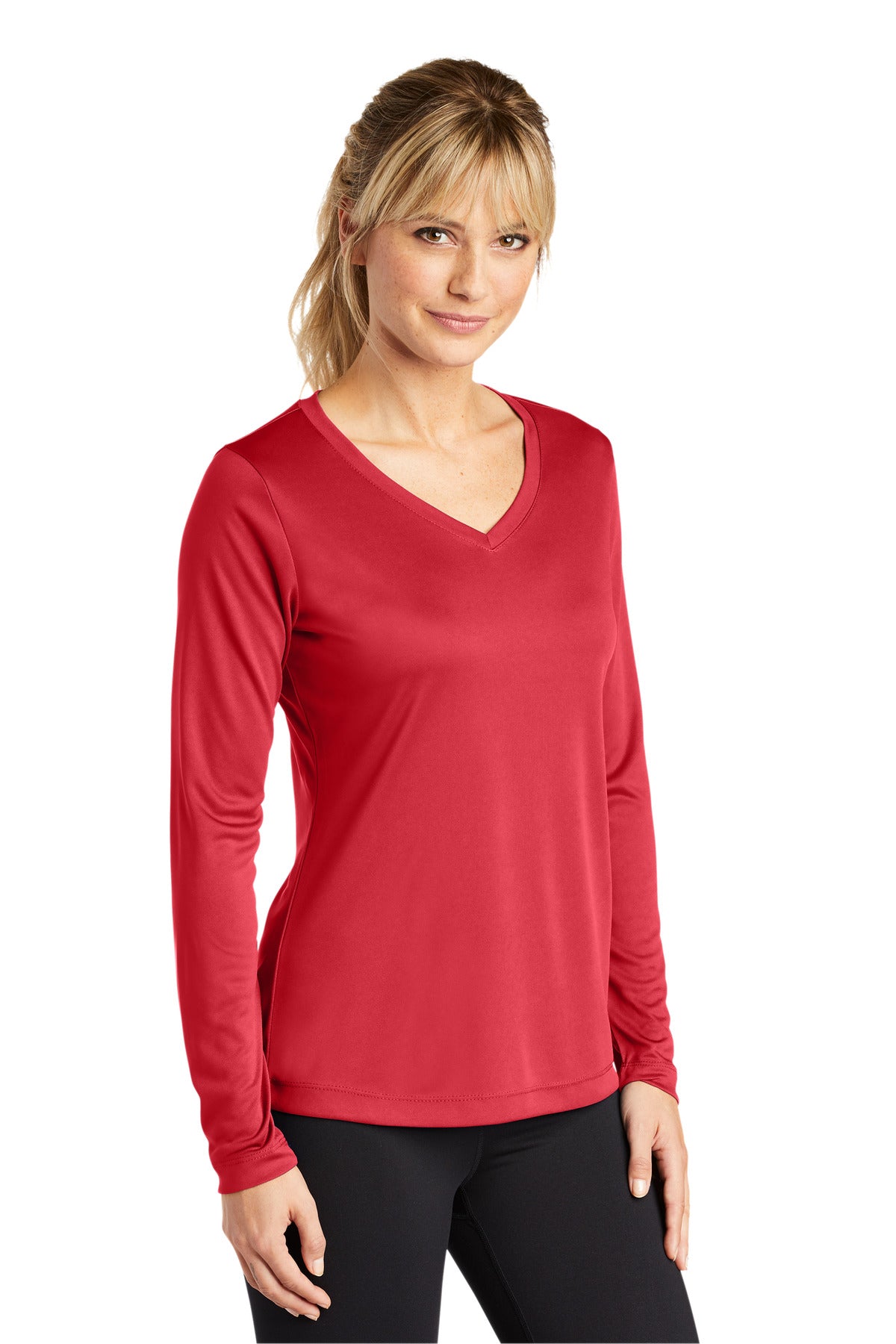 True Red Sport-Tek Women's Long Sleeve PosiCharge Competitor V-Neck Tee. LST353LS