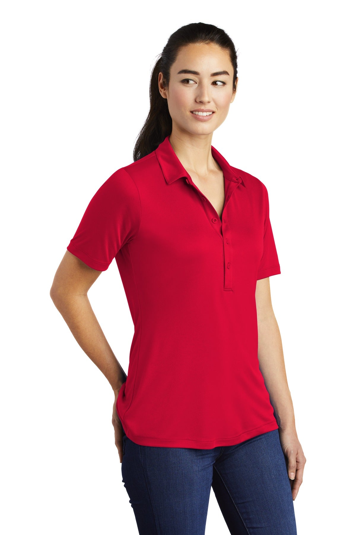 True Red Sport-Tek Women's Posi-UV Pro Polo. LST520