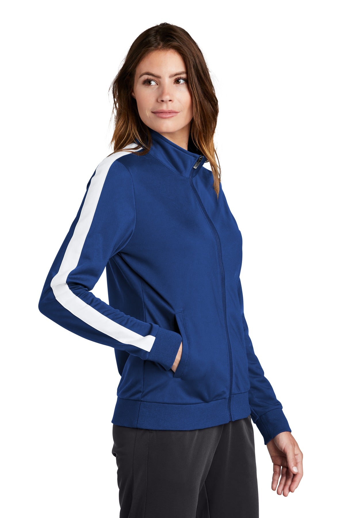 True Royal/Wht Sport-Tek Ladies Tricot Sleeve Stripe Track Jacket. LST94