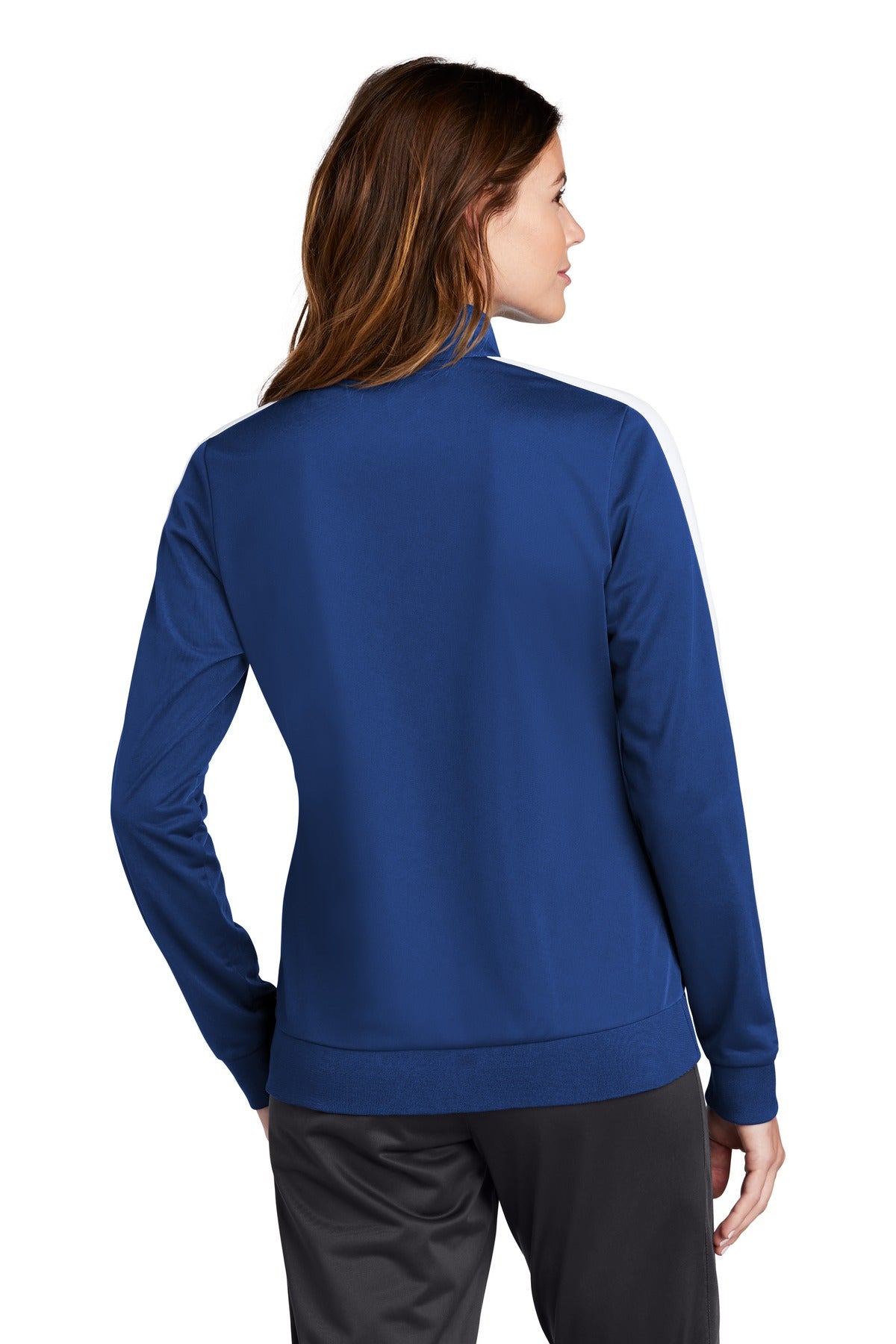 True Royal/Wht Sport-Tek Ladies Tricot Sleeve Stripe Track Jacket. LST94