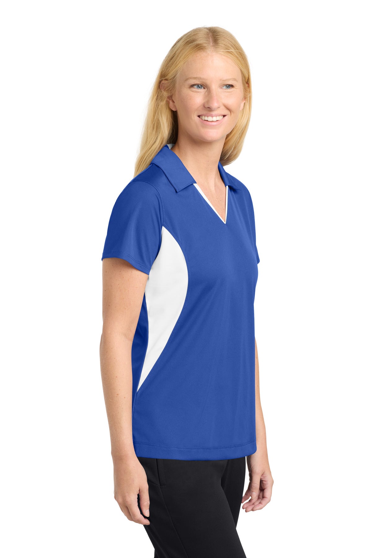 True Royal/Wht Sport-Tek Women's Side Blocked Micropique Sport-Wick Polo. LST655