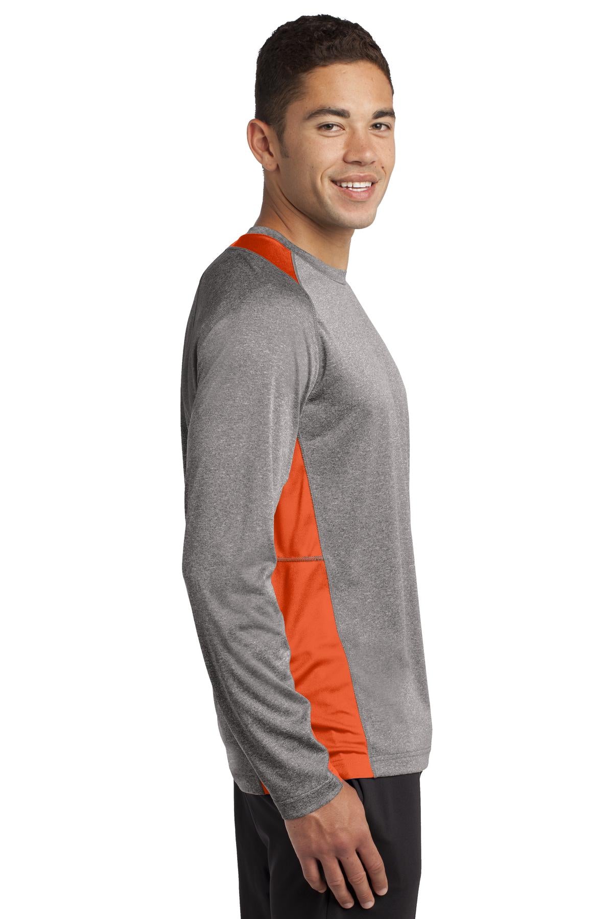 Vnt He/Dp Orng Sport-Tek Long Sleeve Heather Colorblock Contender Tee. ST361LS