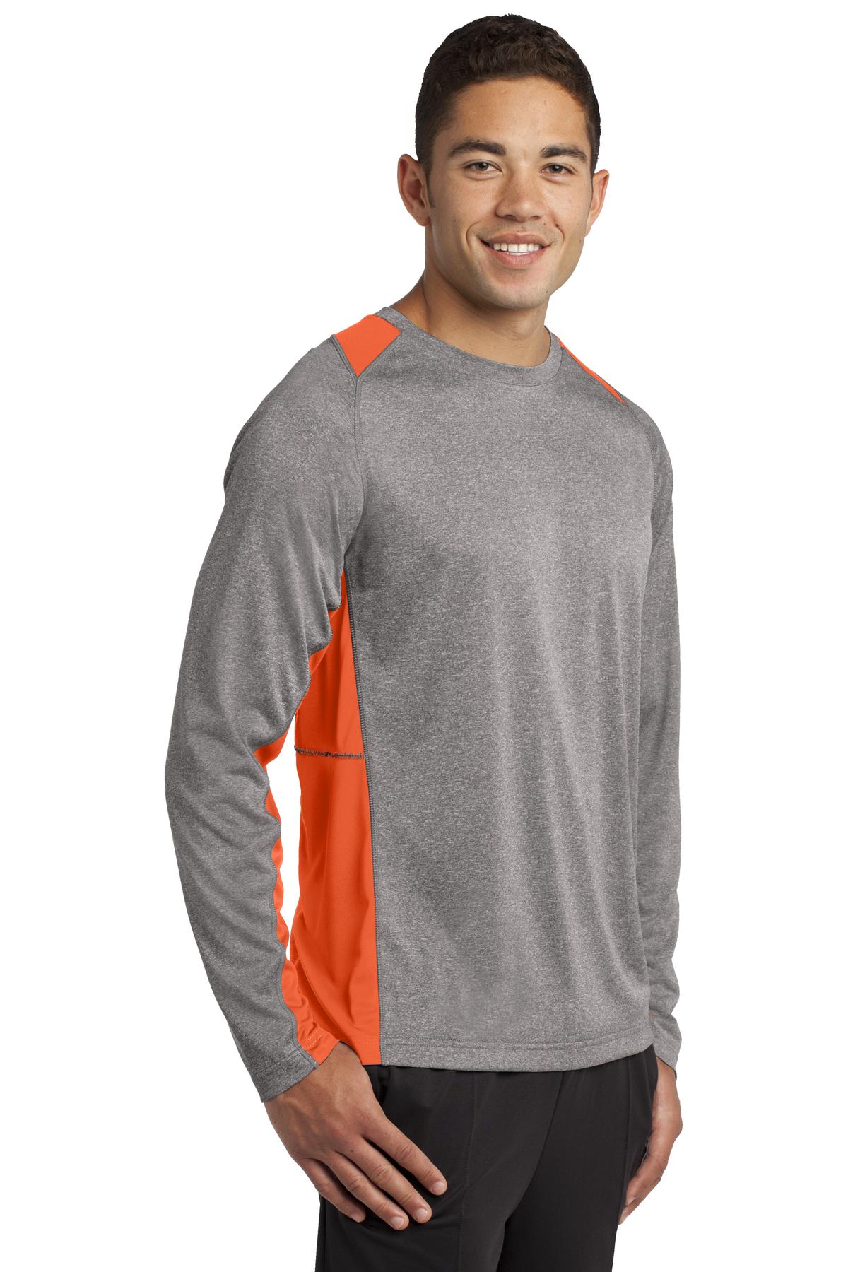 Vnt He/Dp Orng Sport-Tek Long Sleeve Heather Colorblock Contender Tee. ST361LS