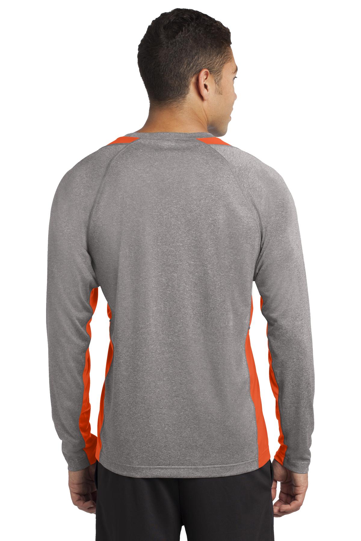 Vnt He/Dp Orng Sport-Tek Long Sleeve Heather Colorblock Contender Tee. ST361LS