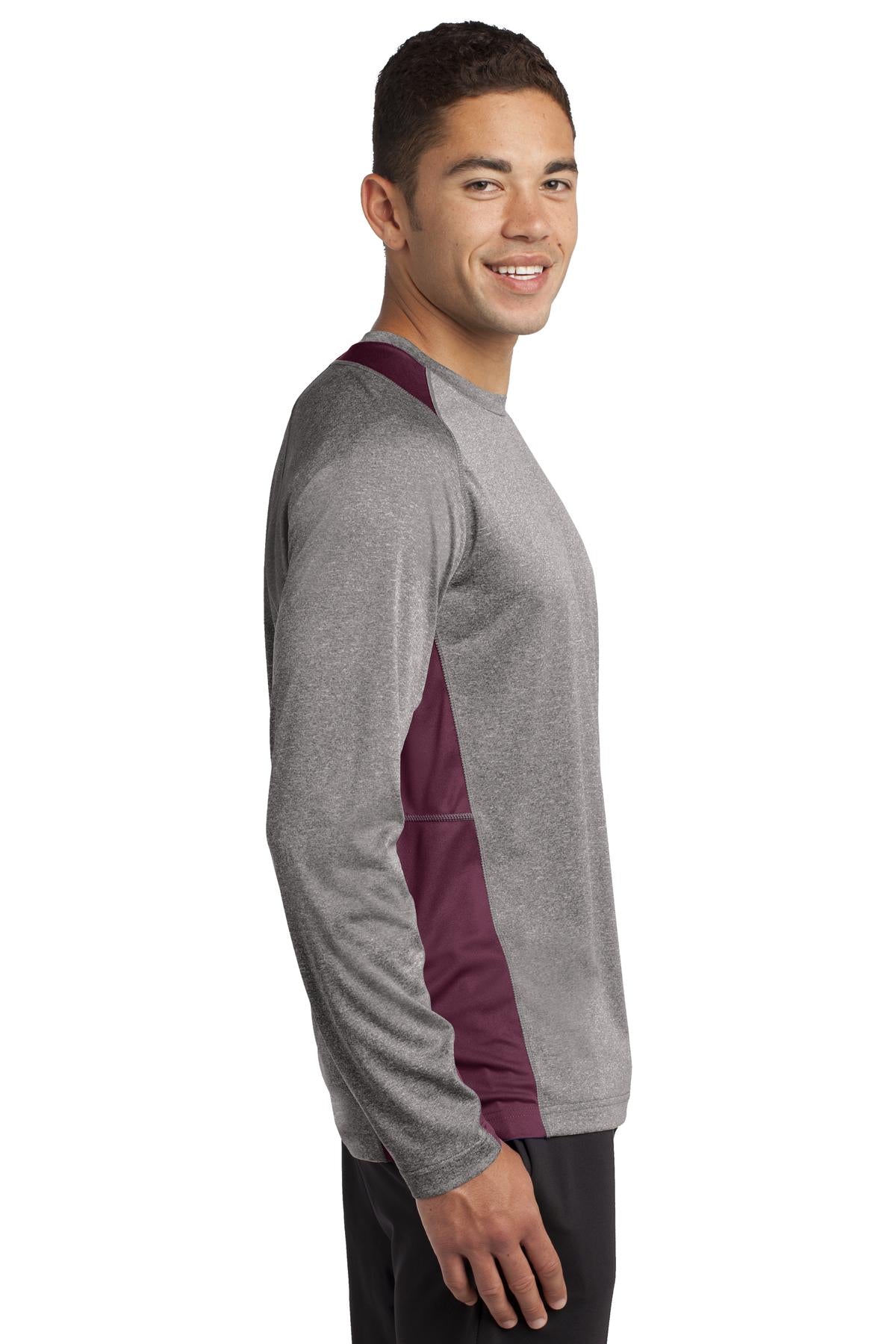 Vnt He/Maroon Sport-Tek Long Sleeve Heather Colorblock Contender Tee. ST361LS