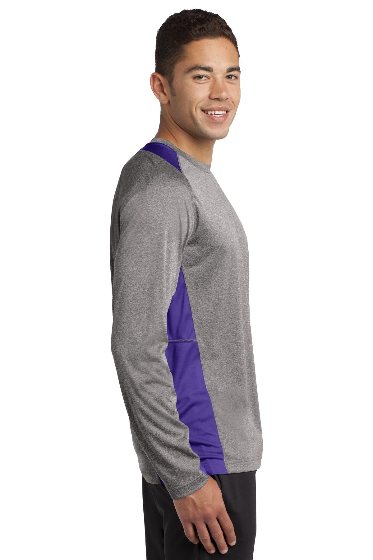 Vnt He/Purple Sport-Tek Long Sleeve Heather Colorblock Contender Tee. ST361LS