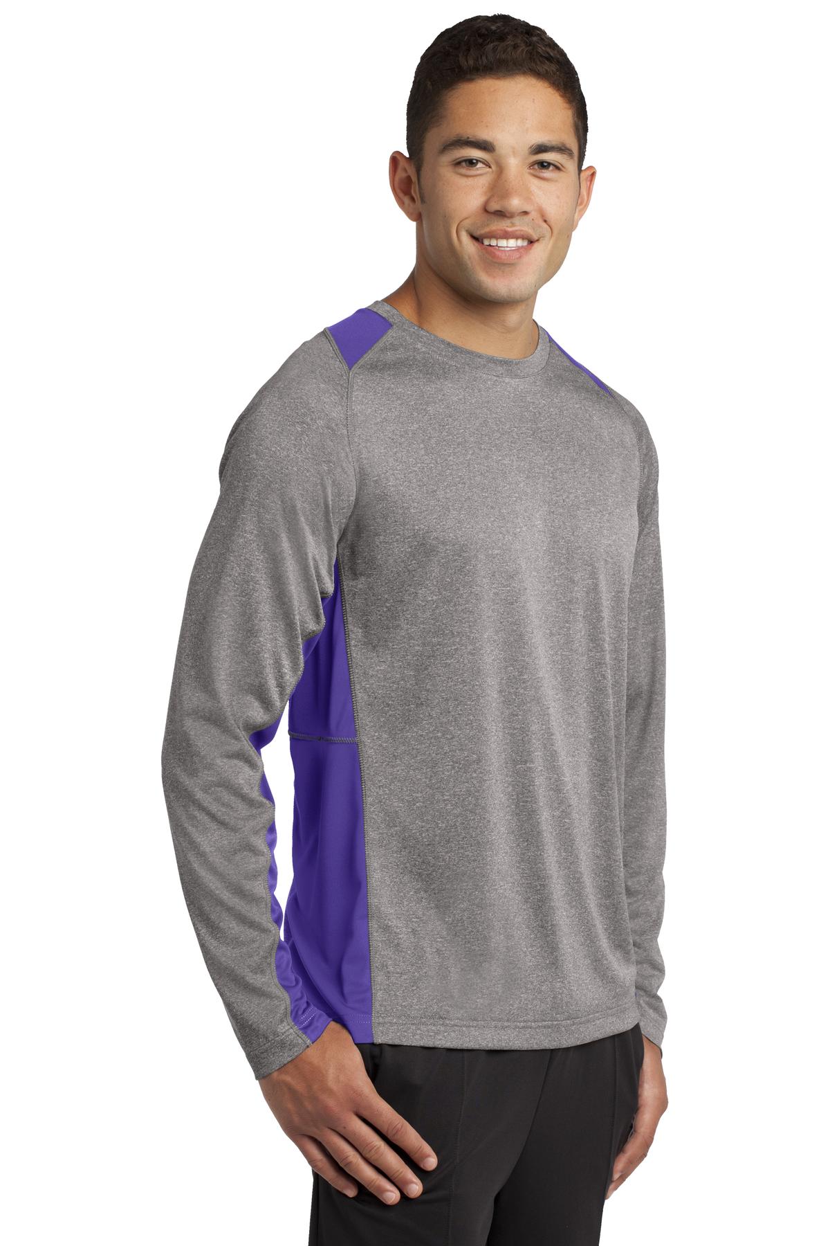 Vnt He/Purple Sport-Tek Long Sleeve Heather Colorblock Contender Tee. ST361LS