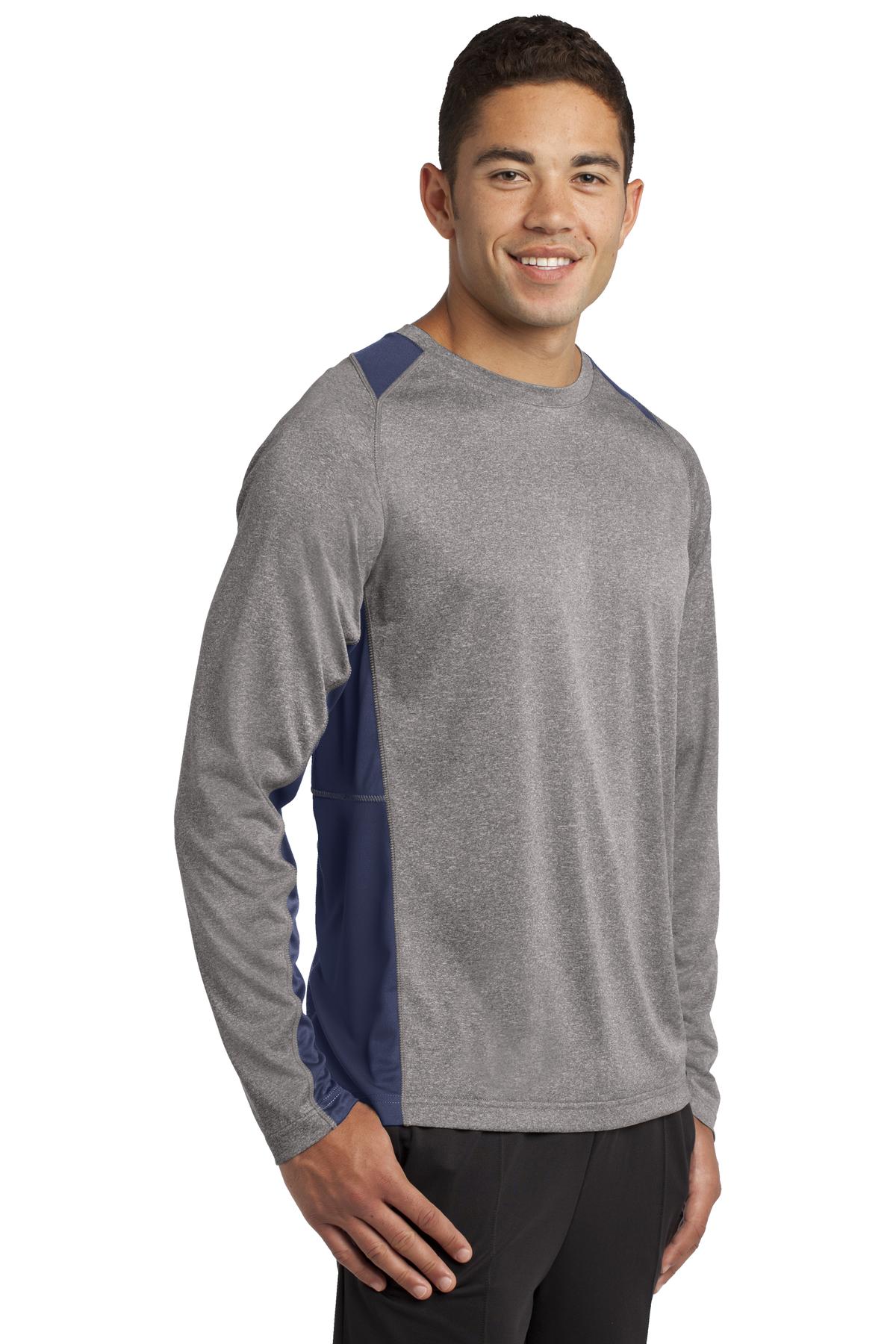 Vnt He/Tr Navy Sport-Tek Long Sleeve Heather Colorblock Contender Tee. ST361LS