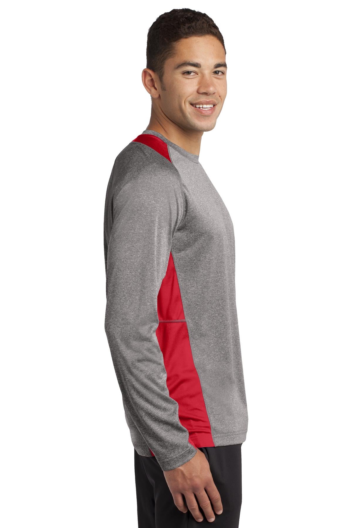 Vnt He/Tr Red Sport-Tek Long Sleeve Heather Colorblock Contender Tee. ST361LS