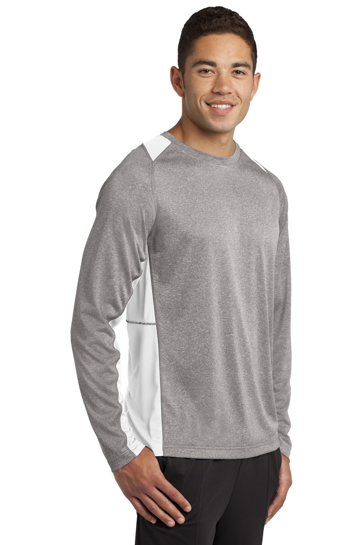 Vnt He/White Sport-Tek Long Sleeve Heather Colorblock Contender Tee. ST361LS