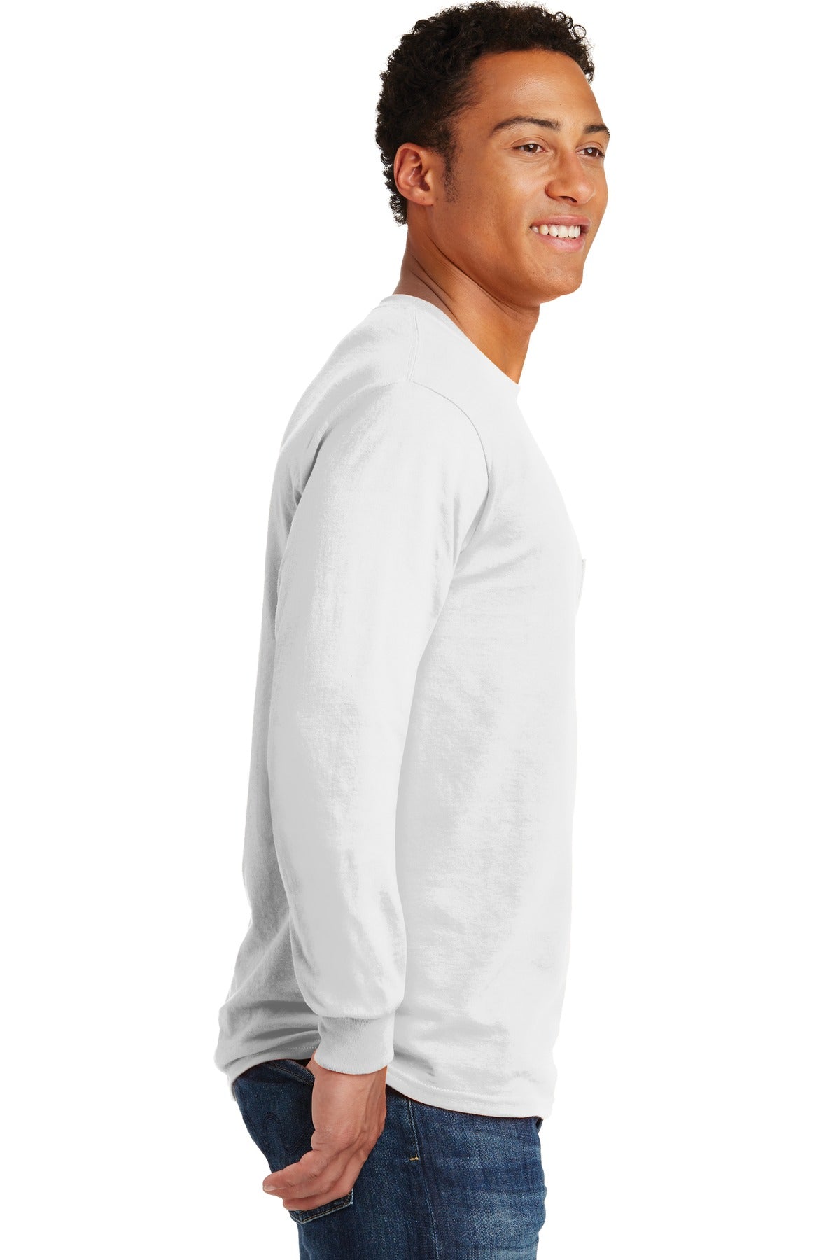 White Gildan - Ultra Cotton 100% US Cotton Long Sleeve T-Shirt with Pocket. 2410