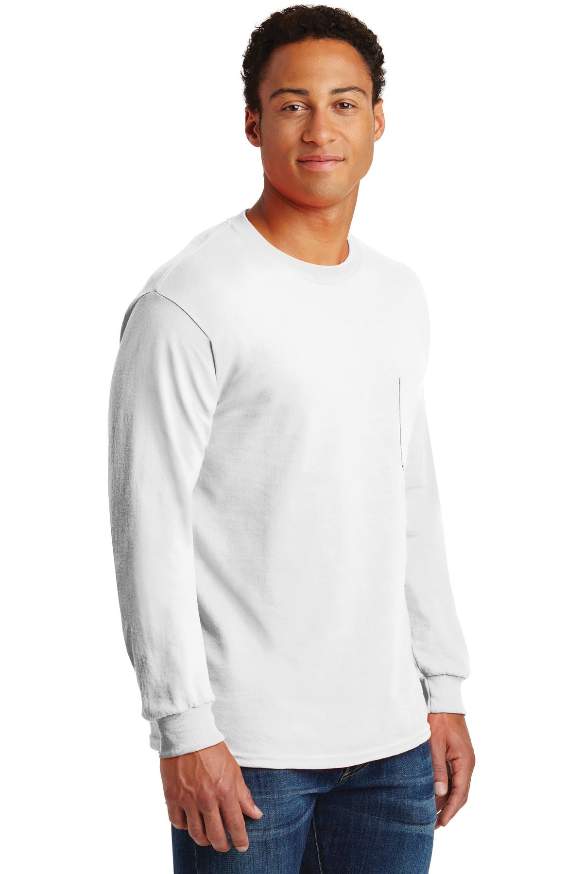 White Gildan - Ultra Cotton 100% US Cotton Long Sleeve T-Shirt with Pocket. 2410