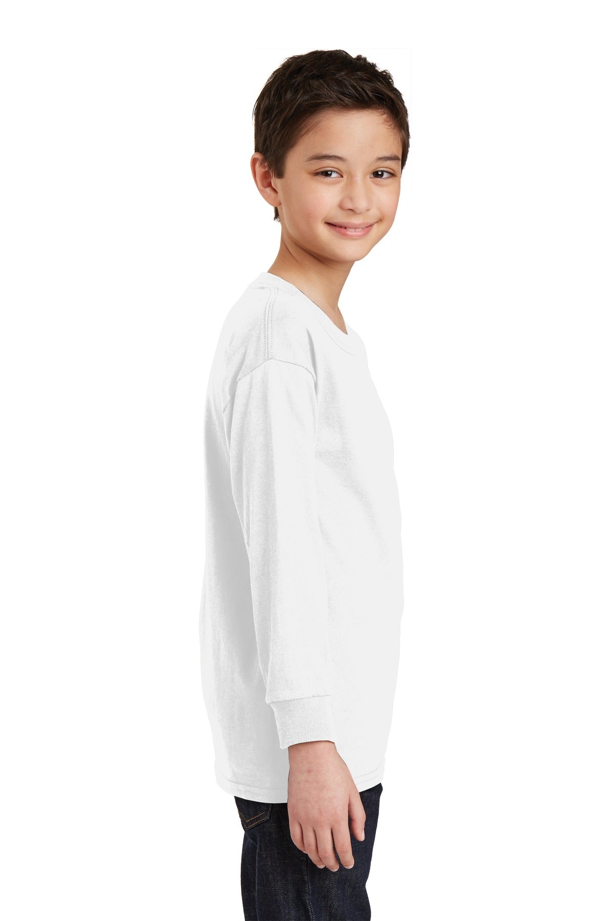 White Gildan Youth Heavy Cotton 100% Cotton Long Sleeve T-Shirt. 5400B