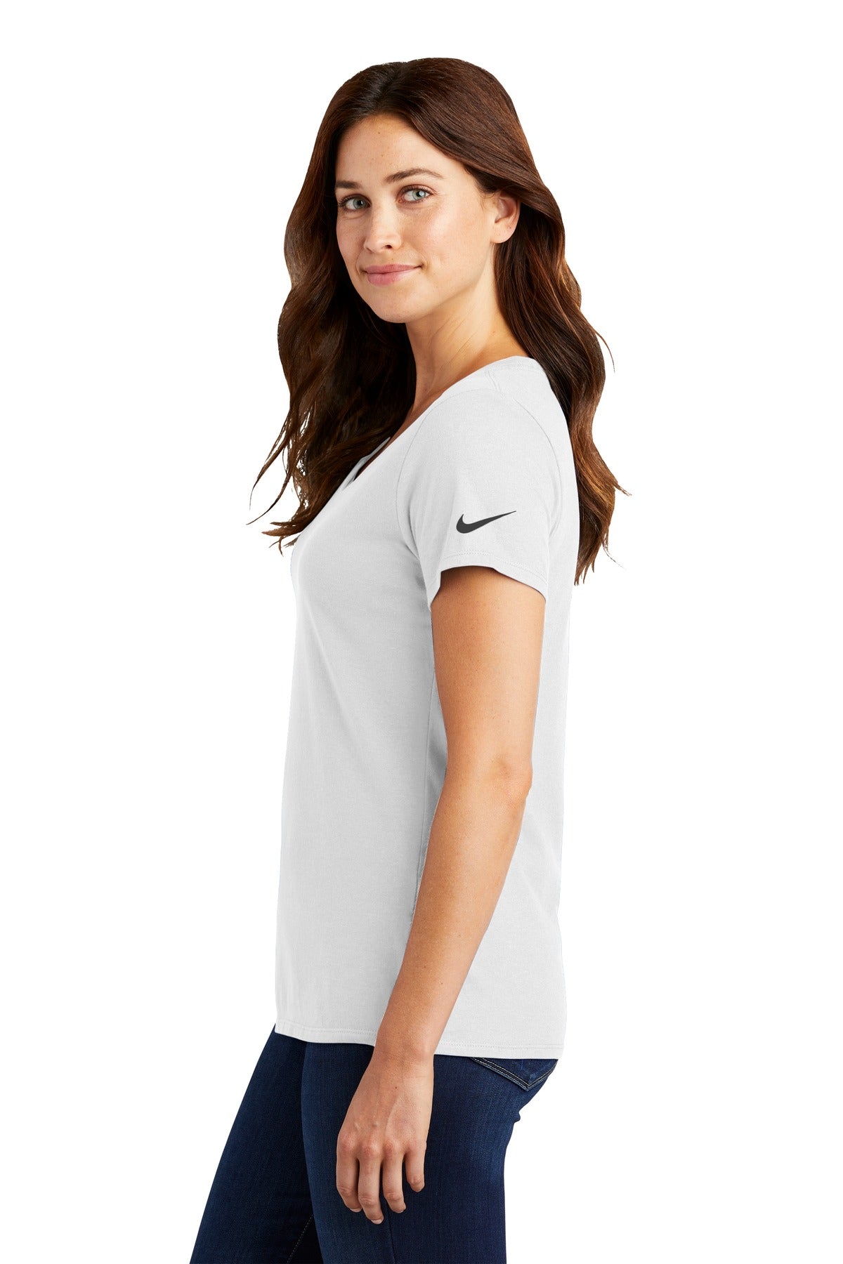 White Nike Women's Dri-FIT Cotton/Poly Scoop Neck Tee. NKBQ5234