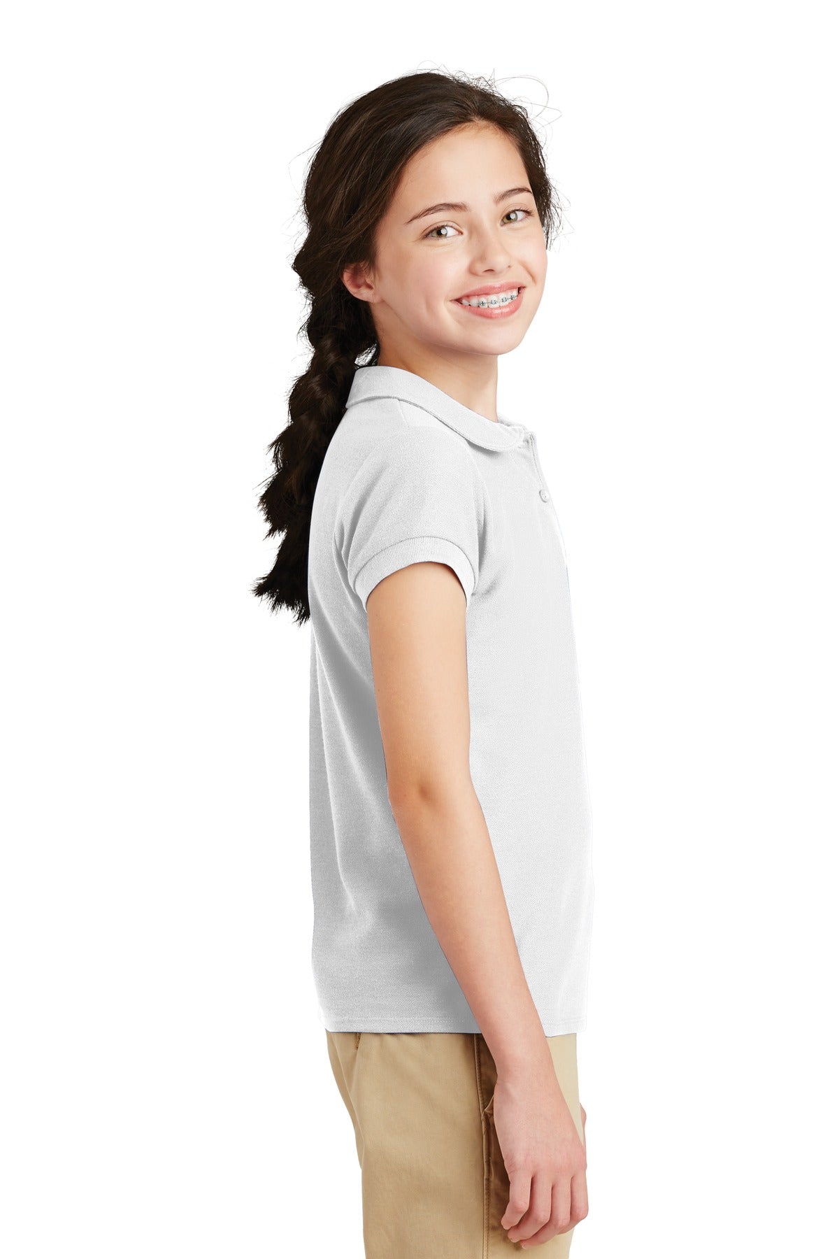 White Port Authority Girls Silk Touch Peter Pan Collar Polo. YG503