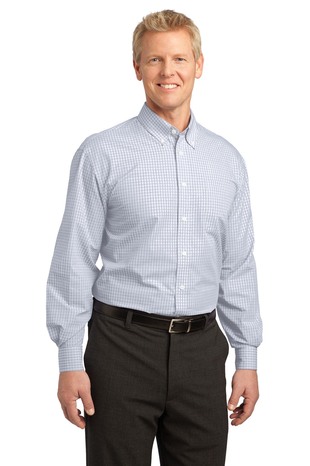 White Port Authority Plaid Pattern Easy Care Shirt. S639