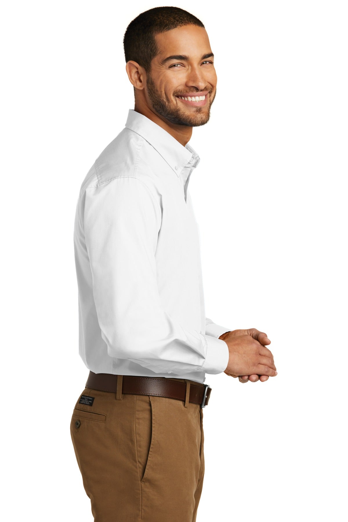 White Port Authority Tall Long Sleeve Carefree Poplin Shirt. TW100