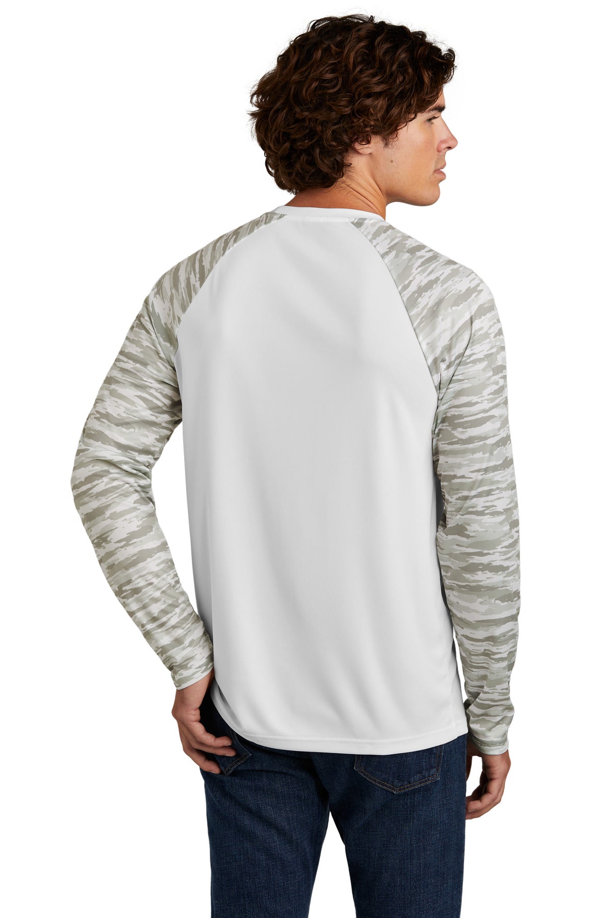 White Sport-Tek Drift Camo Colorblock Long Sleeve Tee ST376LS
