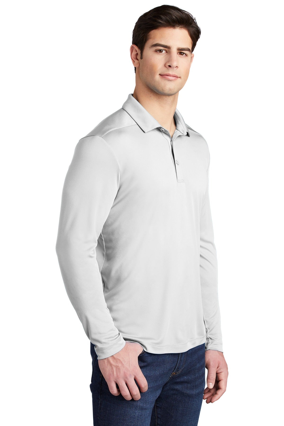White Sport-Tek Posi-UV Pro Long Sleeve Polo. ST520LS
