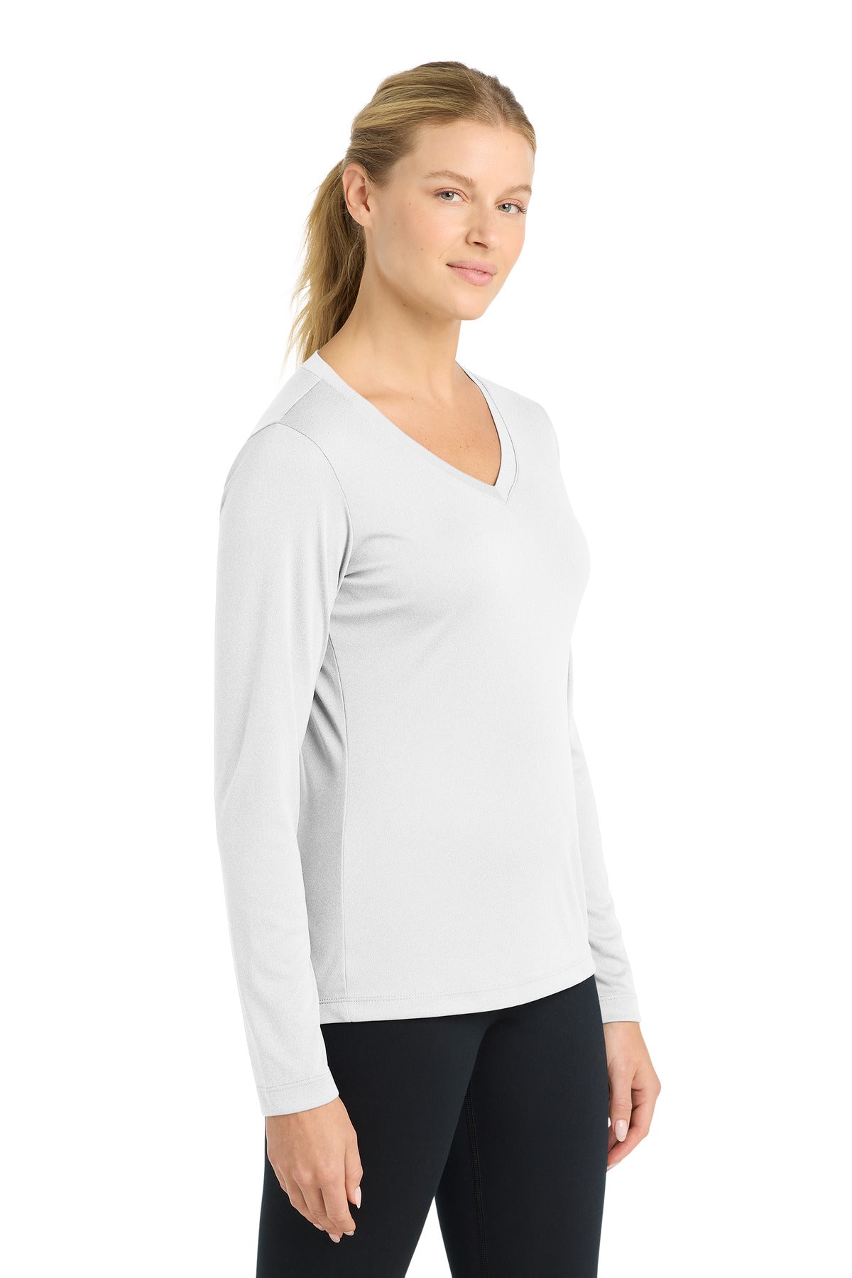 White Sport-Tek Women's Long Sleeve PosiCharge Competitor V-Neck Tee. LST353LS