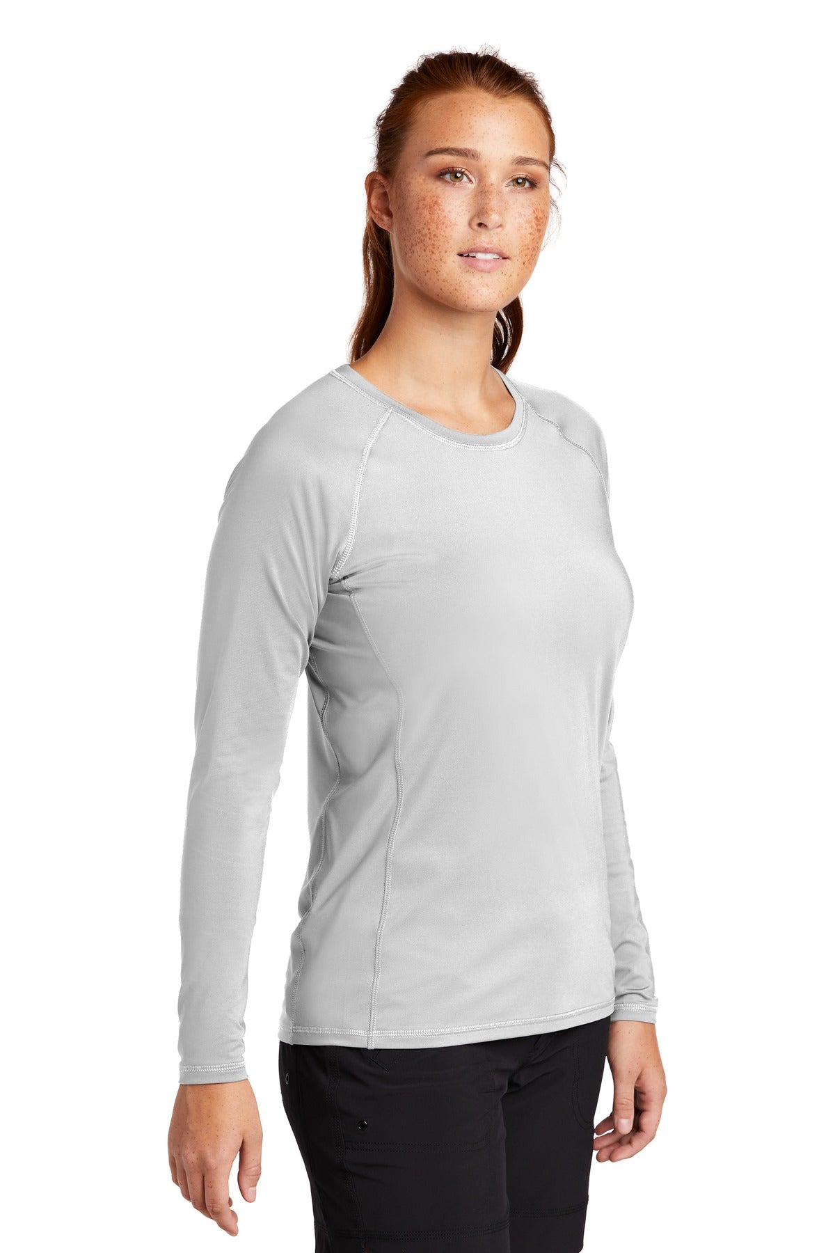 White Sport-Tek Women's Long Sleeve Rashguard Tee. LST470LS