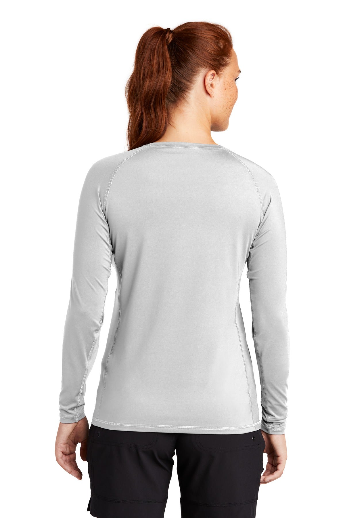 White Sport-Tek Women's Long Sleeve Rashguard Tee. LST470LS