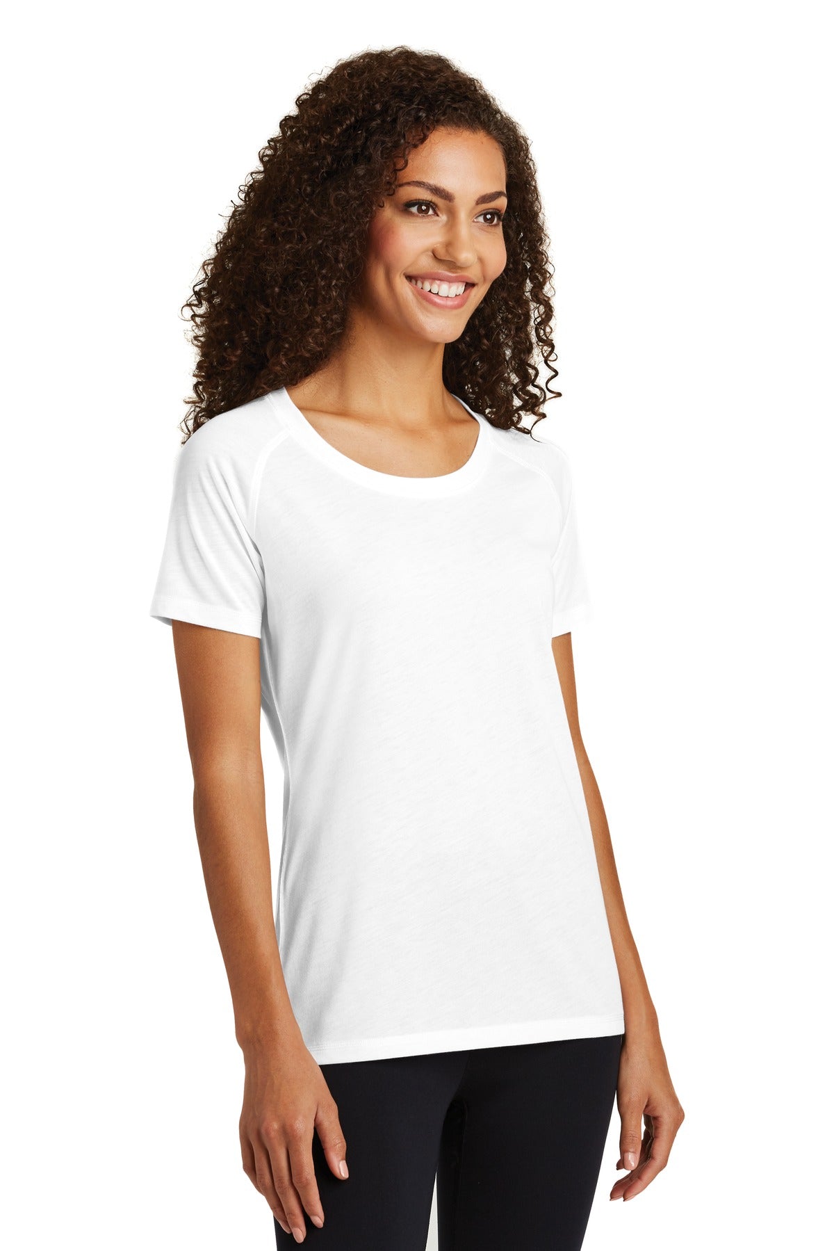 White Sport-Tek Women's PosiCharge Tri-Blend Wicking Scoop Neck Raglan Tee. LST400