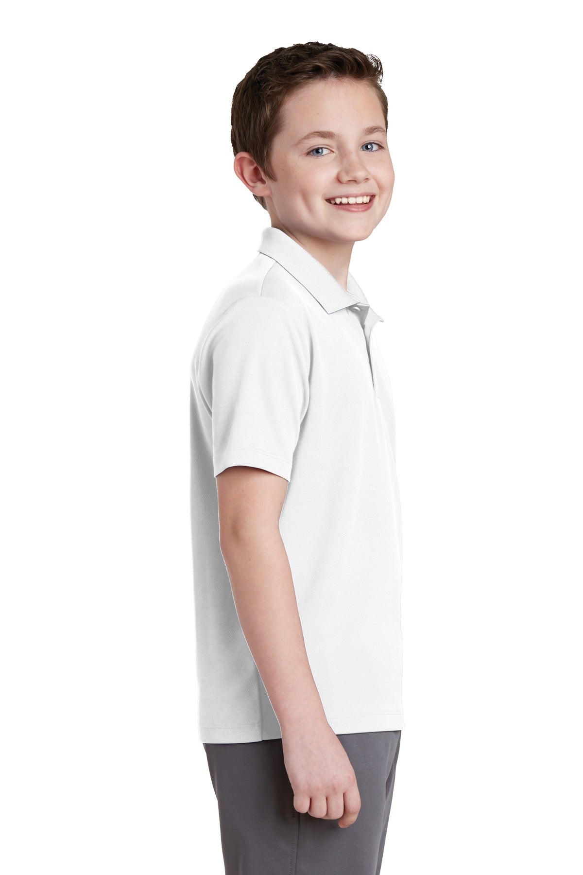 White Sport-Tek Youth PosiCharge RacerMesh Polo. YST640