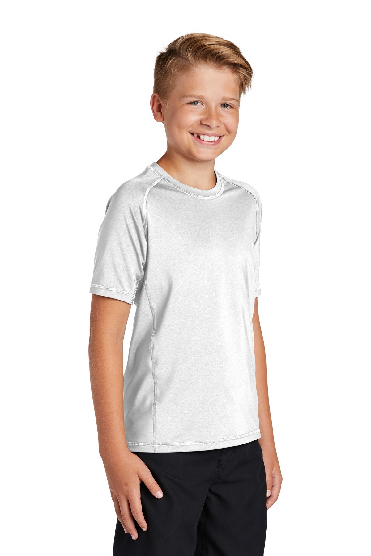 White Sport-Tek Youth Rashguard Tee. YST470