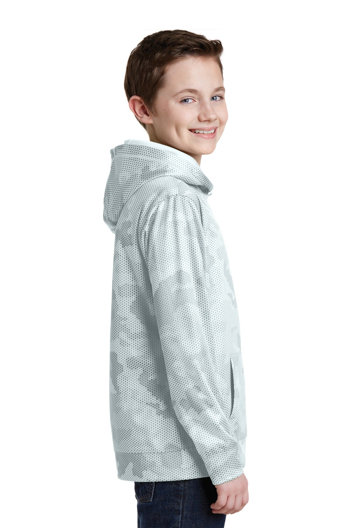 White Sport-Tek Youth Sport-Wick CamoHex Fleece Hooded Pullover. YST240