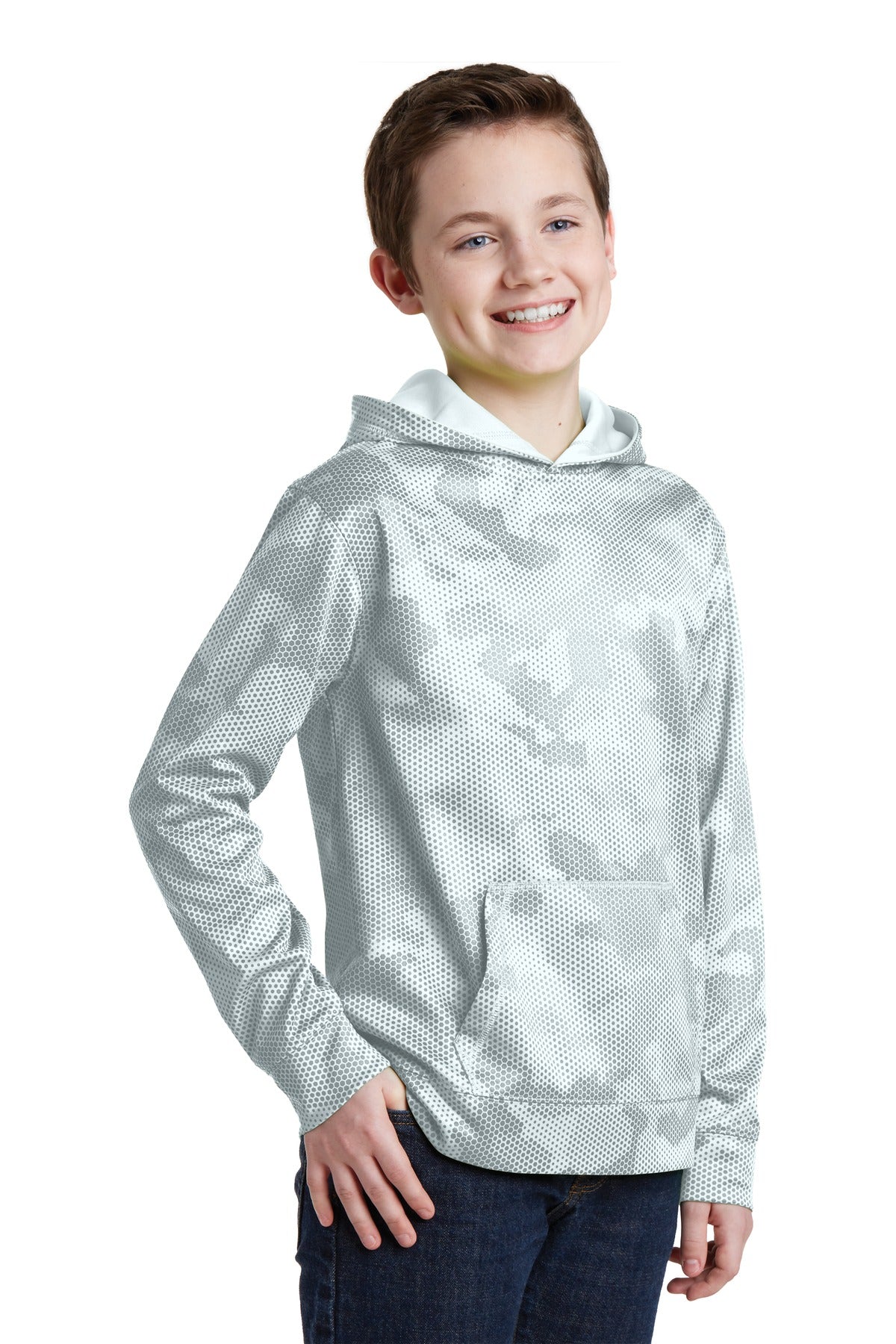 White Sport-Tek Youth Sport-Wick CamoHex Fleece Hooded Pullover. YST240