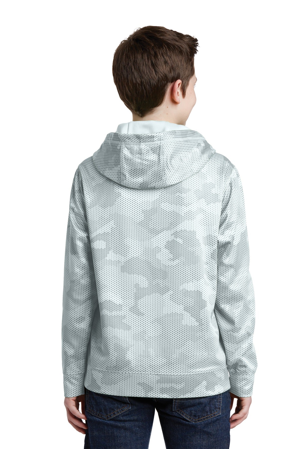 White Sport-Tek Youth Sport-Wick CamoHex Fleece Hooded Pullover. YST240