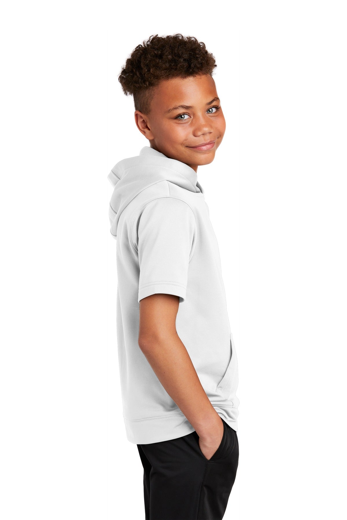 White Sport-Tek Youth Sport-Wick Fleece Short Sleeve Hooded Pullover. YST251