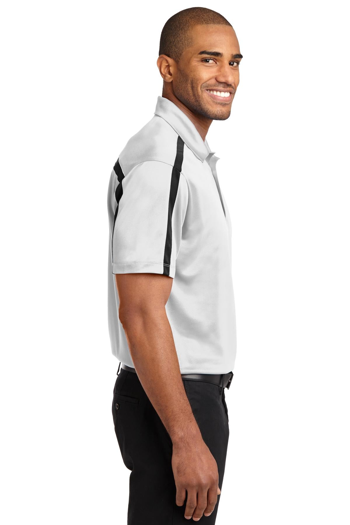 White/Black Port Authority Silk Touch Performance Colorblock Stripe Polo. K547