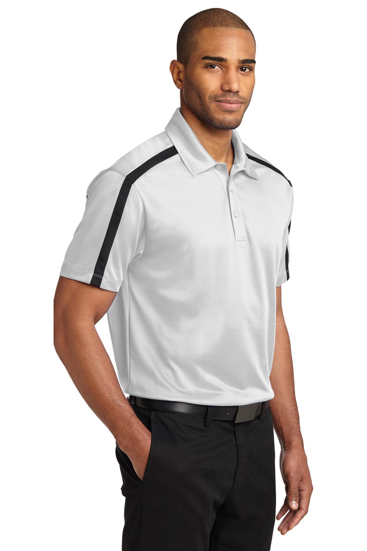 White/Black Port Authority Silk Touch Performance Colorblock Stripe Polo. K547