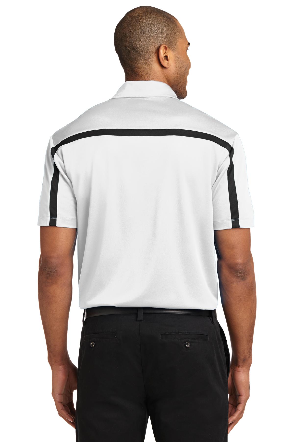 White/Black Port Authority Silk Touch Performance Colorblock Stripe Polo. K547